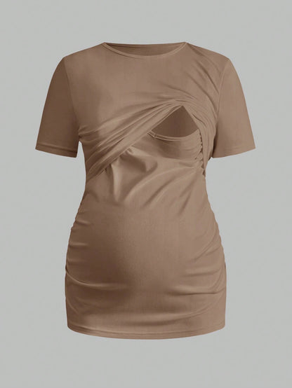 Modmama 3pcs/Set Pregnant Women Solid Color Ruched Nursing Function Casual Daily Short Sleeve Tops