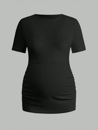 Modmama 3pcs/Set Pregnant Women Solid Color Ruched Nursing Function Casual Daily Short Sleeve Tops