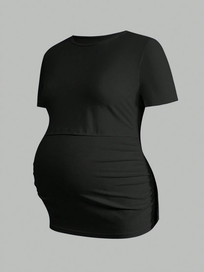 Modmama 3pcs/Set Pregnant Women Solid Color Ruched Nursing Function Casual Daily Short Sleeve Tops