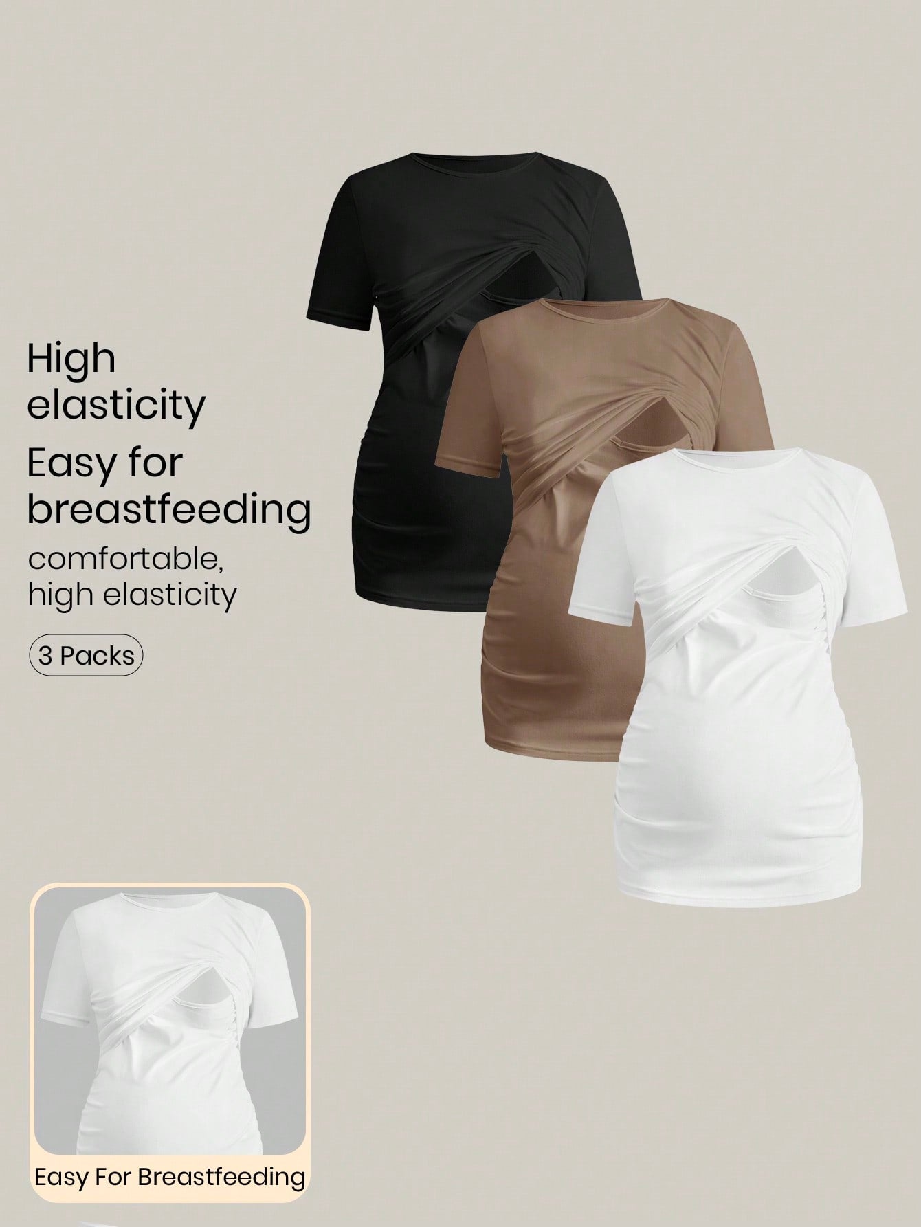 Modmama 3pcs/Set Pregnant Women Solid Color Ruched Nursing Function Casual Daily Short Sleeve Tops