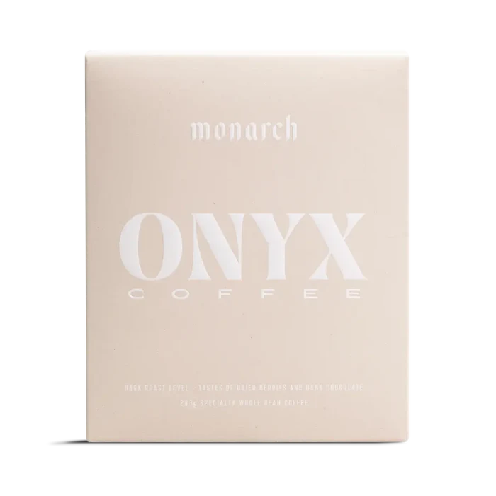 Monarch coffee box in pale beige with large white ONYX COFFEE branding
