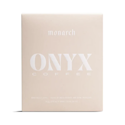 Monarch coffee box in pale beige with large white ONYX COFFEE branding