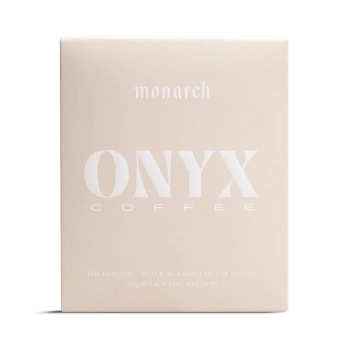 Monarch coffee box in pale beige with large white ONYX COFFEE branding