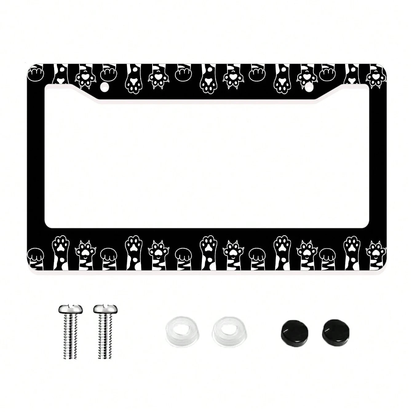 Monochrome Cat Paw Pattern Aluminum License Plate Frame- Stylish Feline-Themed Car Decor, Rust-Resistant Vehicle Plate Holder With Mounting Hardware, Sleek Border For Standard US Plates