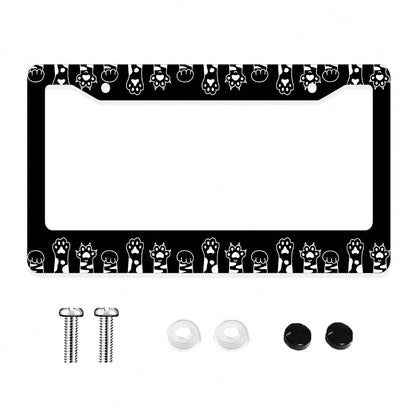 Monochrome Cat Paw Pattern Aluminum License Plate Frame- Stylish Feline-Themed Car Decor, Rust-Resistant Vehicle Plate Holder With Mounting Hardware, Sleek Border For Standard US Plates
