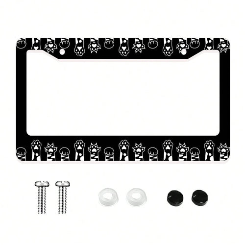 Monochrome Cat Paw Pattern Aluminum License Plate Frame- Stylish Feline-Themed Car Decor, Rust-Resistant Vehicle Plate Holder With Mounting Hardware, Sleek Border For Standard US Plates