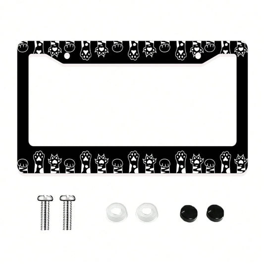 Monochrome Cat Paw Pattern Aluminum License Plate Frame- Stylish Feline-Themed Car Decor, Rust-Resistant Vehicle Plate Holder With Mounting Hardware, Sleek Border For Standard US Plates