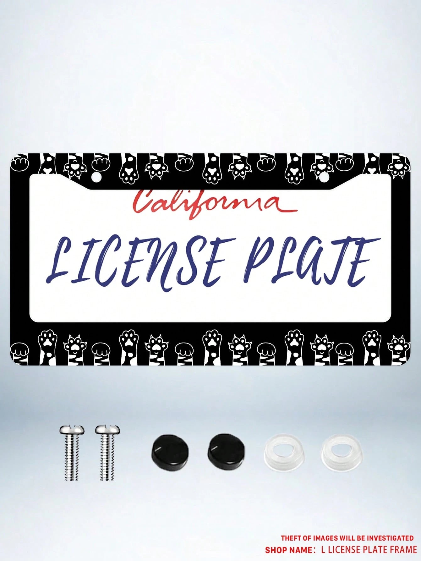 Monochrome Cat Paw Pattern Aluminum License Plate Frame- Stylish Feline-Themed Car Decor, Rust-Resistant Vehicle Plate Holder With Mounting Hardware, Sleek Border For Standard US Plates