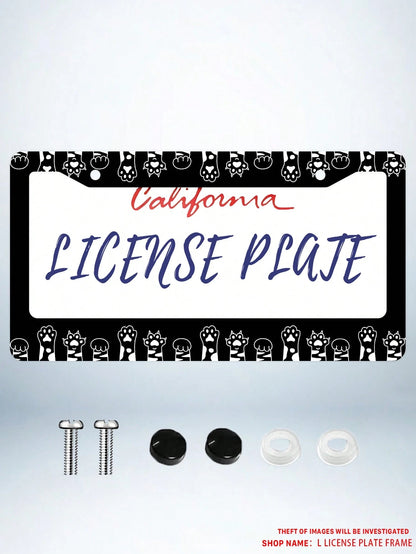 Monochrome Cat Paw Pattern Aluminum License Plate Frame- Stylish Feline-Themed Car Decor, Rust-Resistant Vehicle Plate Holder With Mounting Hardware, Sleek Border For Standard US Plates