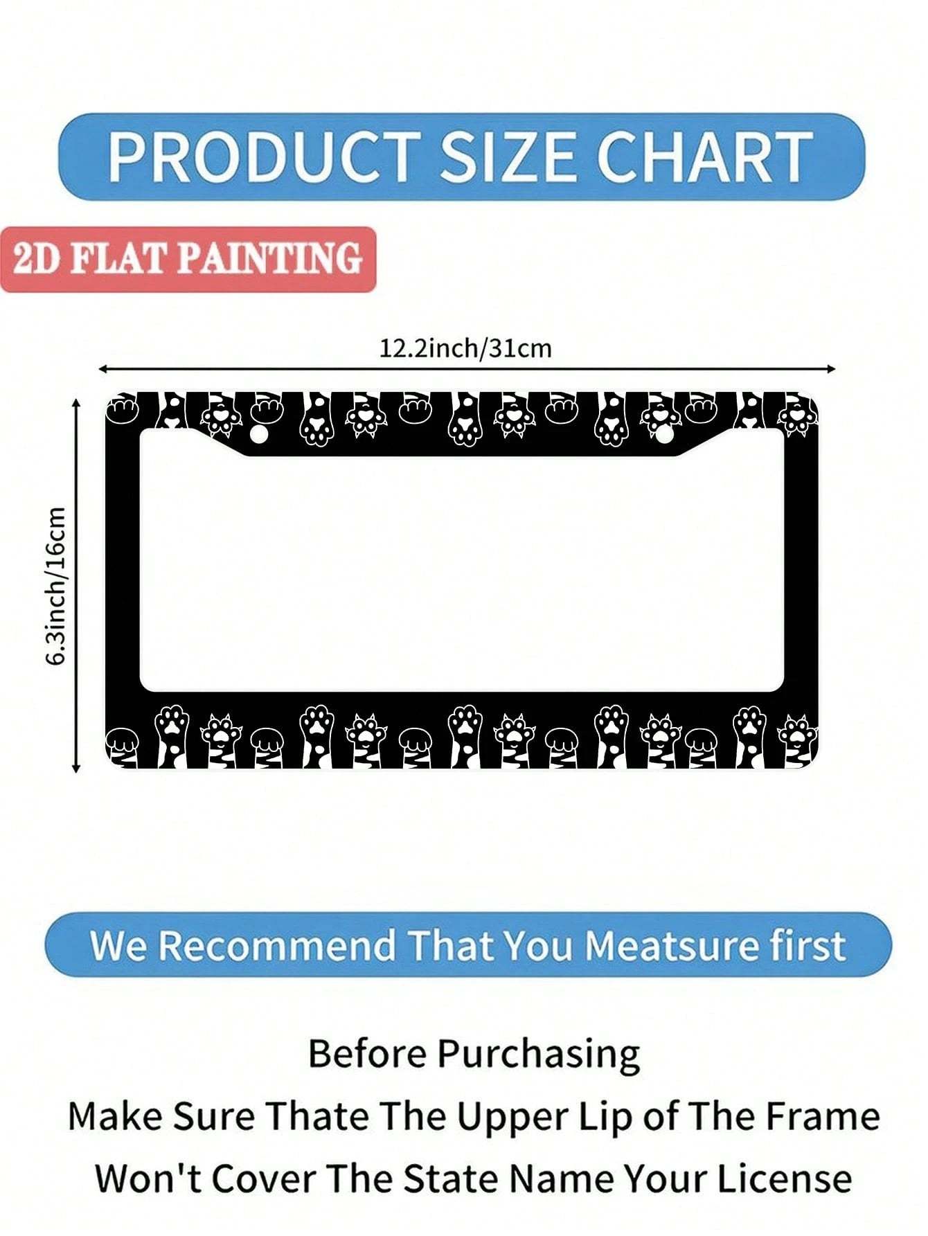 Monochrome Cat Paw Pattern Aluminum License Plate Frame- Stylish Feline-Themed Car Decor, Rust-Resistant Vehicle Plate Holder With Mounting Hardware, Sleek Border For Standard US Plates
