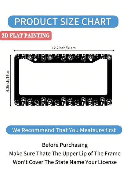 Monochrome Cat Paw Pattern Aluminum License Plate Frame- Stylish Feline-Themed Car Decor, Rust-Resistant Vehicle Plate Holder With Mounting Hardware, Sleek Border For Standard US Plates
