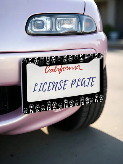 Monochrome Cat Paw Pattern Aluminum License Plate Frame- Stylish Feline-Themed Car Decor, Rust-Resistant Vehicle Plate Holder With Mounting Hardware, Sleek Border For Standard US Plates