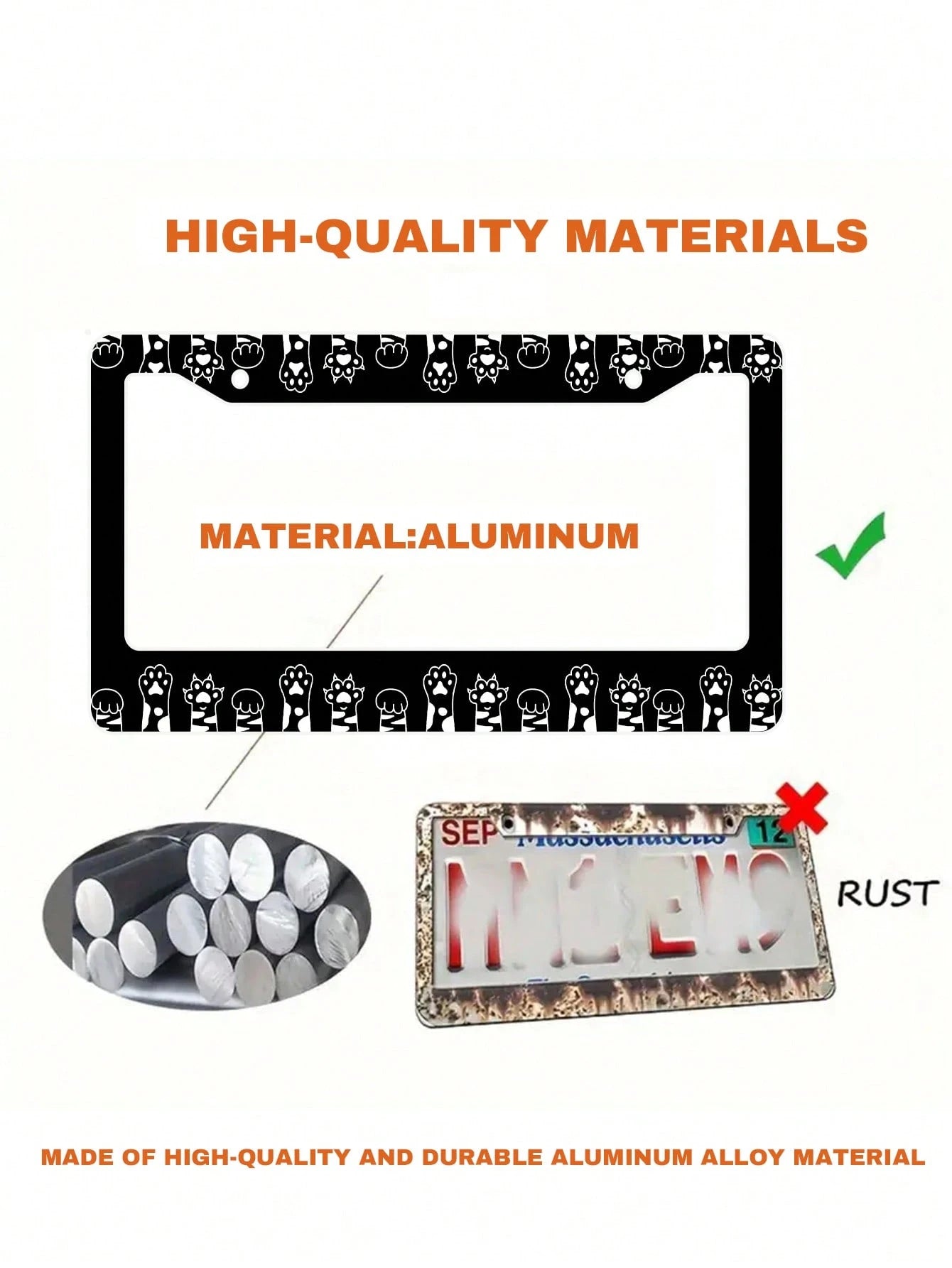 Monochrome Cat Paw Pattern Aluminum License Plate Frame- Stylish Feline-Themed Car Decor, Rust-Resistant Vehicle Plate Holder With Mounting Hardware, Sleek Border For Standard US Plates