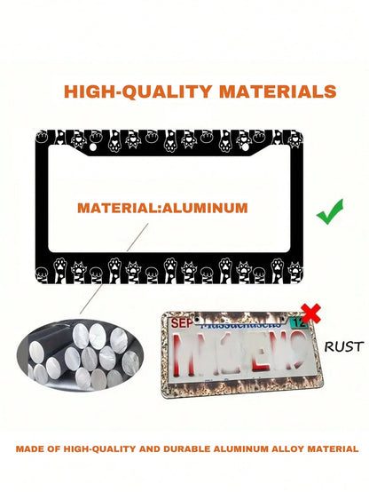 Monochrome Cat Paw Pattern Aluminum License Plate Frame- Stylish Feline-Themed Car Decor, Rust-Resistant Vehicle Plate Holder With Mounting Hardware, Sleek Border For Standard US Plates