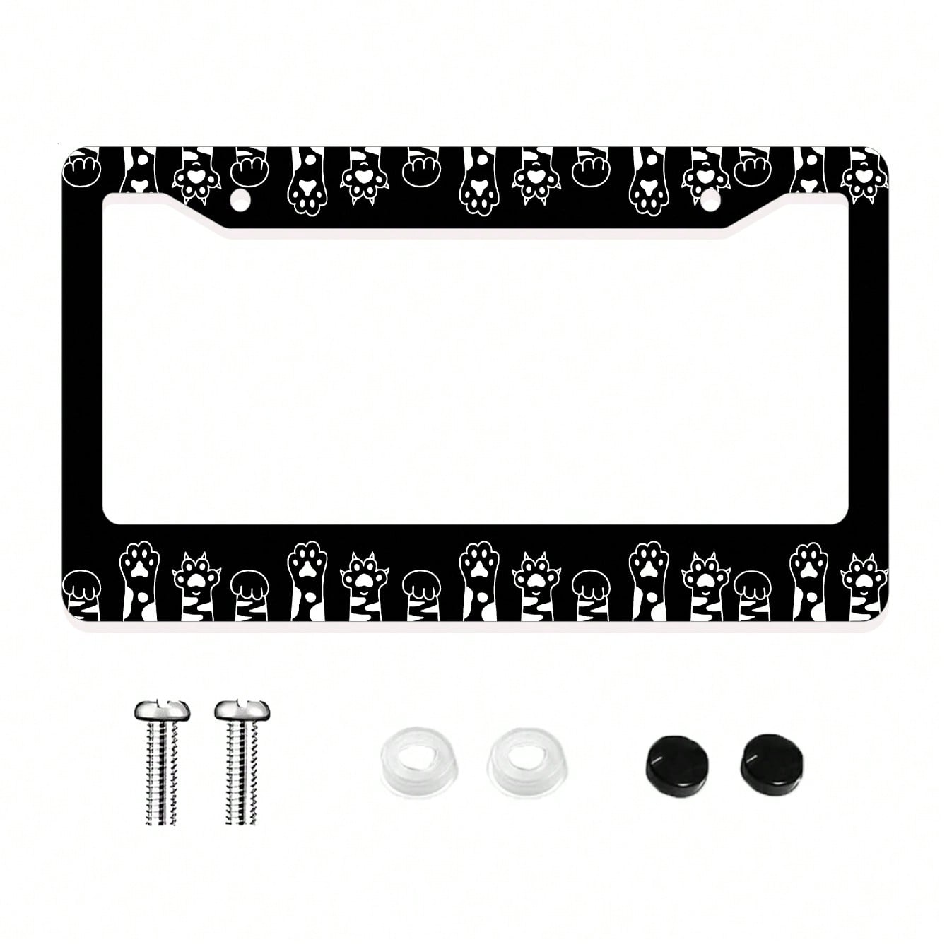 Monochrome Cat Paw Pattern Aluminum License Plate Frame- Stylish Feline-Themed Car Decor, Rust-Resistant Vehicle Plate Holder With Mounting Hardware, Sleek Border For Standard US Plates