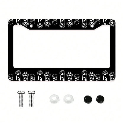 Monochrome Cat Paw Pattern Aluminum License Plate Frame- Stylish Feline-Themed Car Decor, Rust-Resistant Vehicle Plate Holder With Mounting Hardware, Sleek Border For Standard US Plates