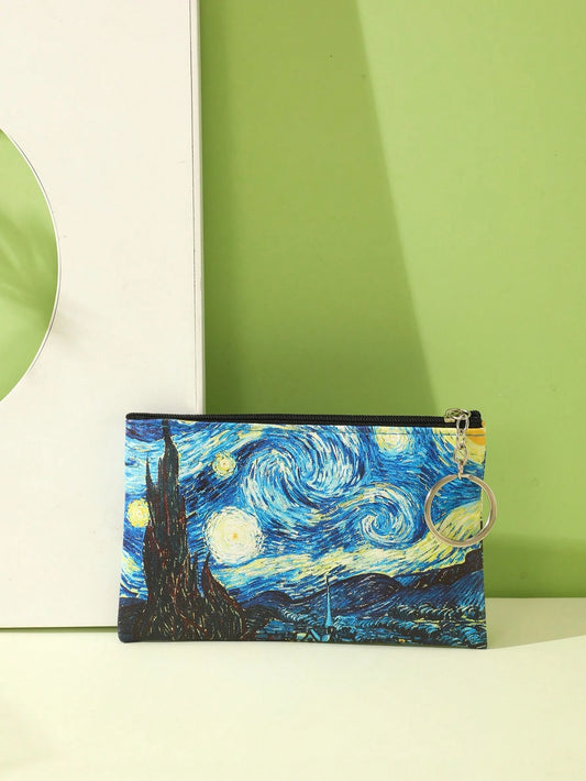 Moonlit Night Graphic Case Starry Sky Fashion Zipper Makeup Bag Versatile Storage Bag Keys & Earphone Slim Lightweight Cash Id Card Credit Card Portable Pocket Small Pocket Wallet Short Wallet Fashion