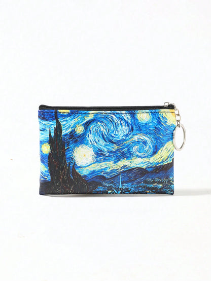 Moonlit Night Graphic Case Starry Sky Fashion Zipper Makeup Bag Versatile Storage Bag Keys & Earphone Slim Lightweight Cash Id Card Credit Card Portable Pocket Small Pocket Wallet Short Wallet Fashion