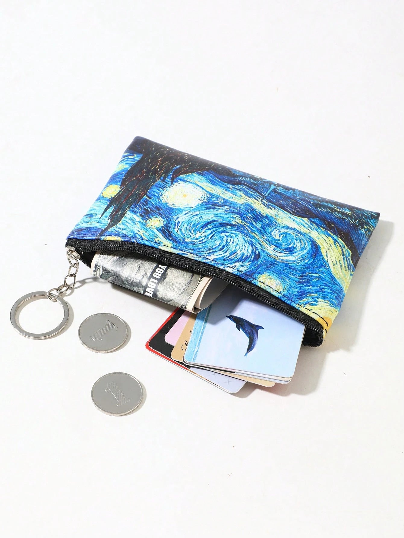 Moonlit Night Graphic Case Starry Sky Fashion Zipper Makeup Bag Versatile Storage Bag Keys & Earphone Slim Lightweight Cash Id Card Credit Card Portable Pocket Small Pocket Wallet Short Wallet Fashion