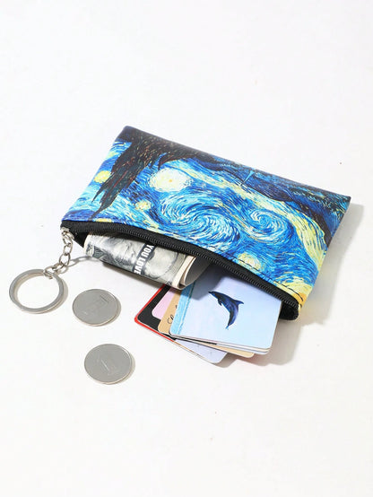 Moonlit Night Graphic Case Starry Sky Fashion Zipper Makeup Bag Versatile Storage Bag Keys & Earphone Slim Lightweight Cash Id Card Credit Card Portable Pocket Small Pocket Wallet Short Wallet Fashion
