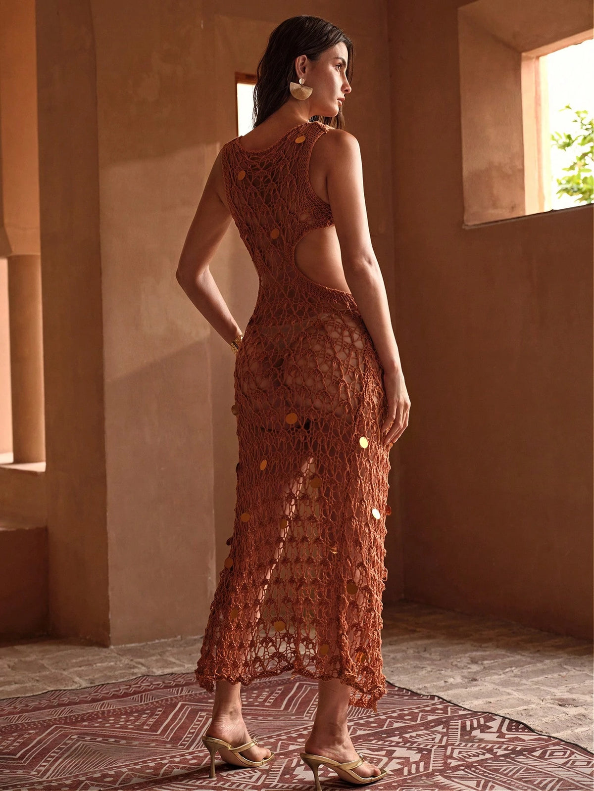 MOTF PREMIUM EXQUISITE ELEGANT HANDMADE WOVEN BEADED SEQUIN FRONT WAIST CUTOUT AMBER EMBELLISHED HIGH SLIT WOMEN'S BEACH PARTY COVER-UP DRESS