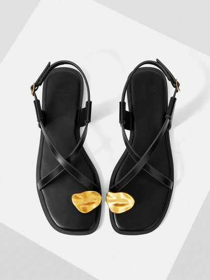 MOTF PREMIUM LADIES BLACK CASUAL FASHION COMMUTER & VACATION STYLE MINIMALIST CASUAL OPEN TOE CROSSING FLAT SANDALS SUMMER SHOES