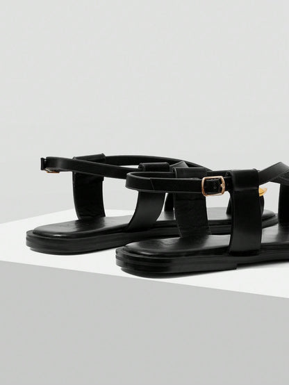 MOTF PREMIUM LADIES BLACK CASUAL FASHION COMMUTER & VACATION STYLE MINIMALIST CASUAL OPEN TOE CROSSING FLAT SANDALS SUMMER SHOES