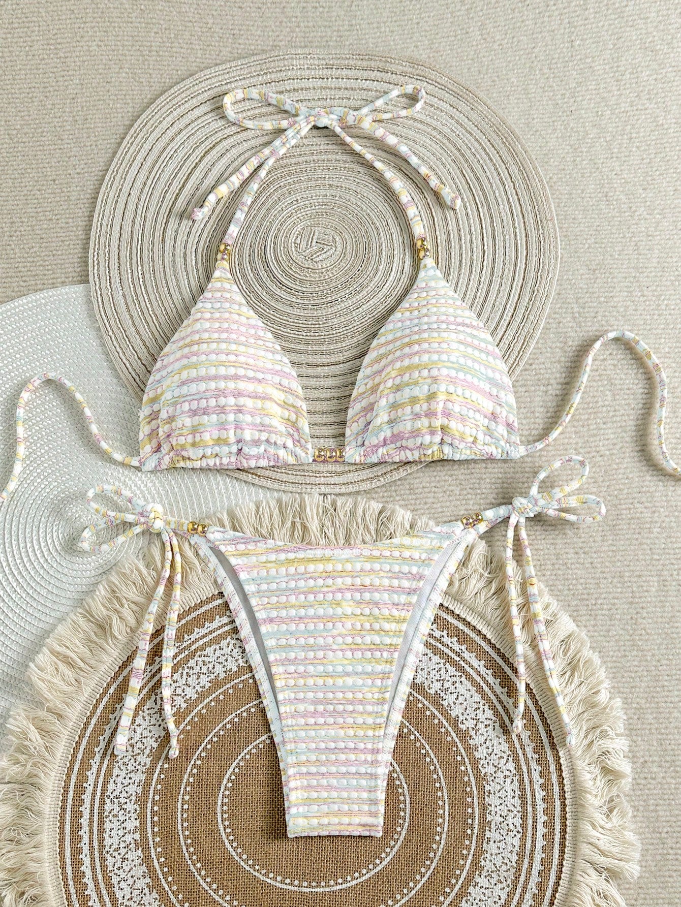 Mother's Day 1pc Elegant Colorful Striped Beaded Halter Bikini Set, Suitable For Summer Beach Vacation