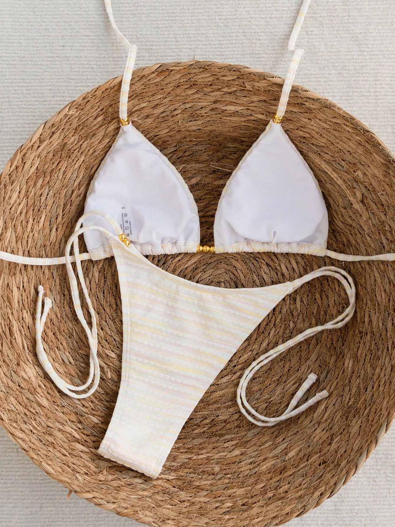 Mother's Day 1pc Elegant Colorful Striped Beaded Halter Bikini Set, Suitable For Summer Beach Vacation