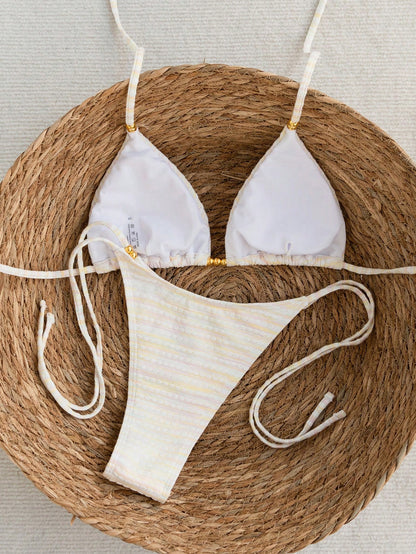 Mother's Day 1pc Elegant Colorful Striped Beaded Halter Bikini Set, Suitable For Summer Beach Vacation