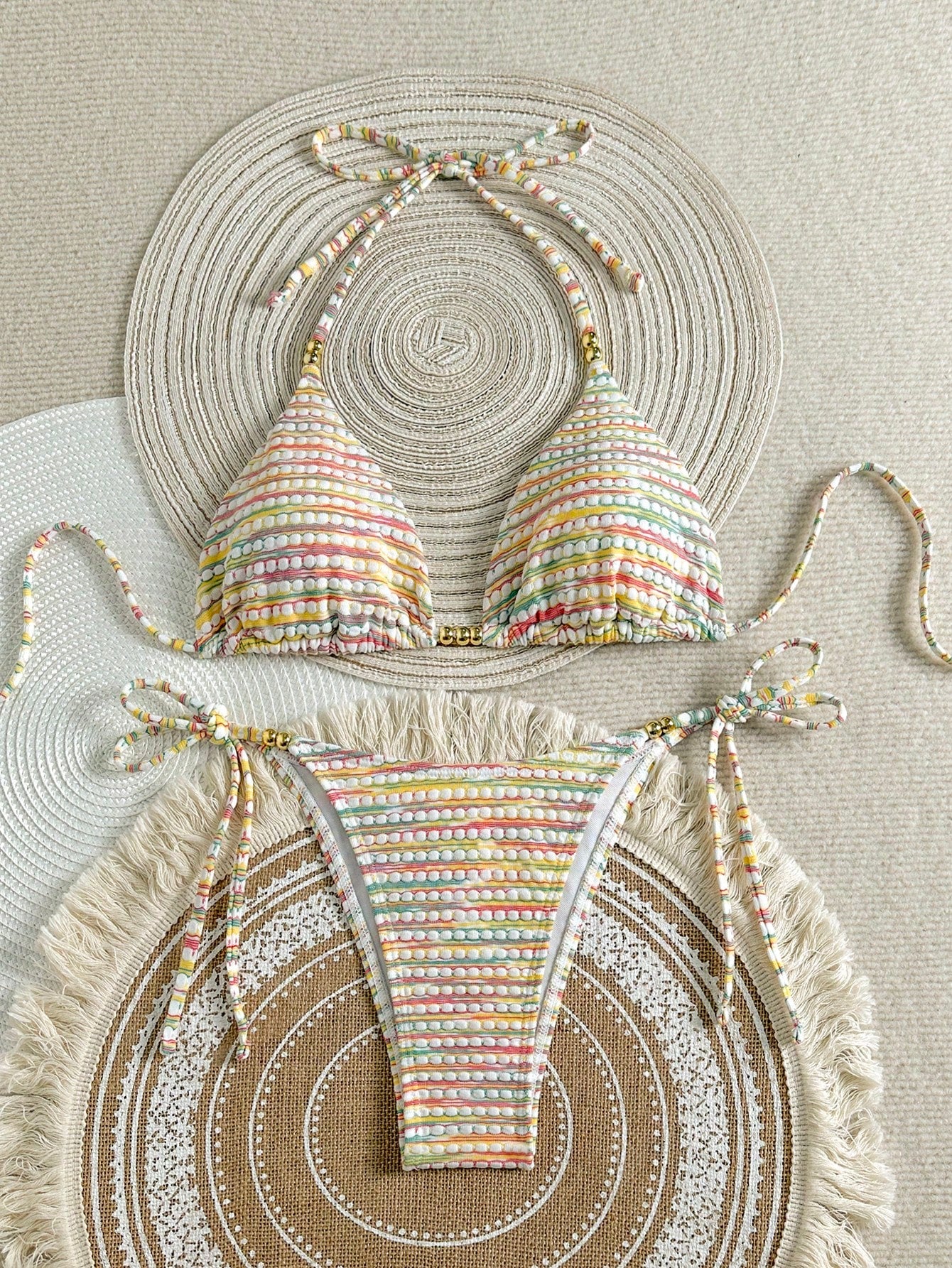 Mother's Day 1pc Elegant Colorful Striped Beaded Halter Bikini Set, Suitable For Summer Beach Vacation