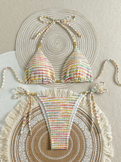 Mother's Day 1pc Elegant Colorful Striped Beaded Halter Bikini Set, Suitable For Summer Beach Vacation
