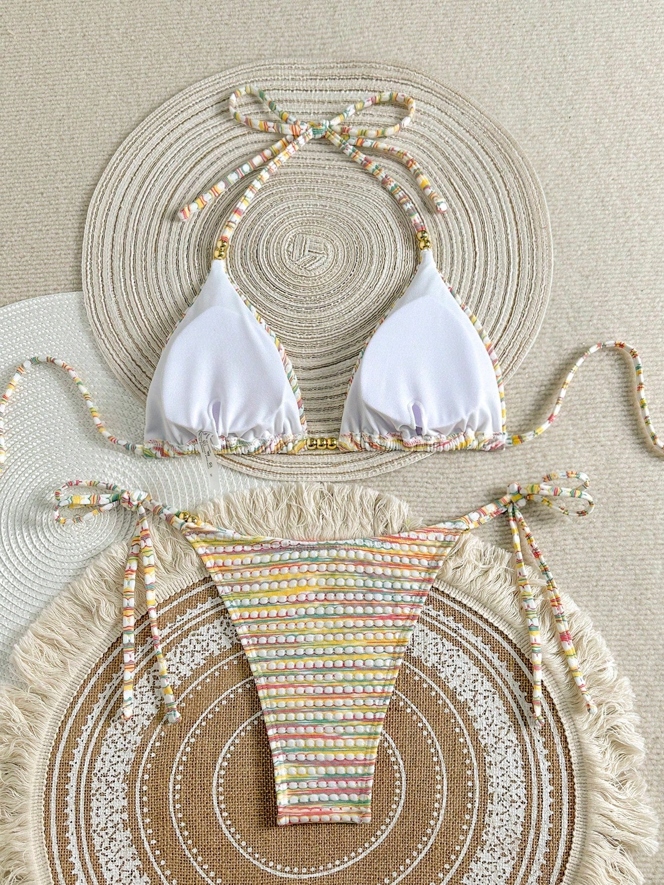 Mother's Day 1pc Elegant Colorful Striped Beaded Halter Bikini Set, Suitable For Summer Beach Vacation