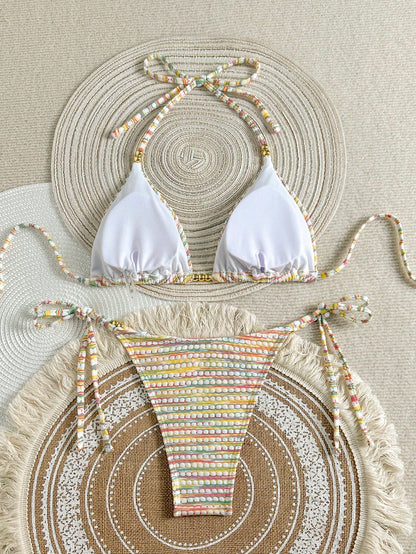 Mother's Day 1pc Elegant Colorful Striped Beaded Halter Bikini Set, Suitable For Summer Beach Vacation