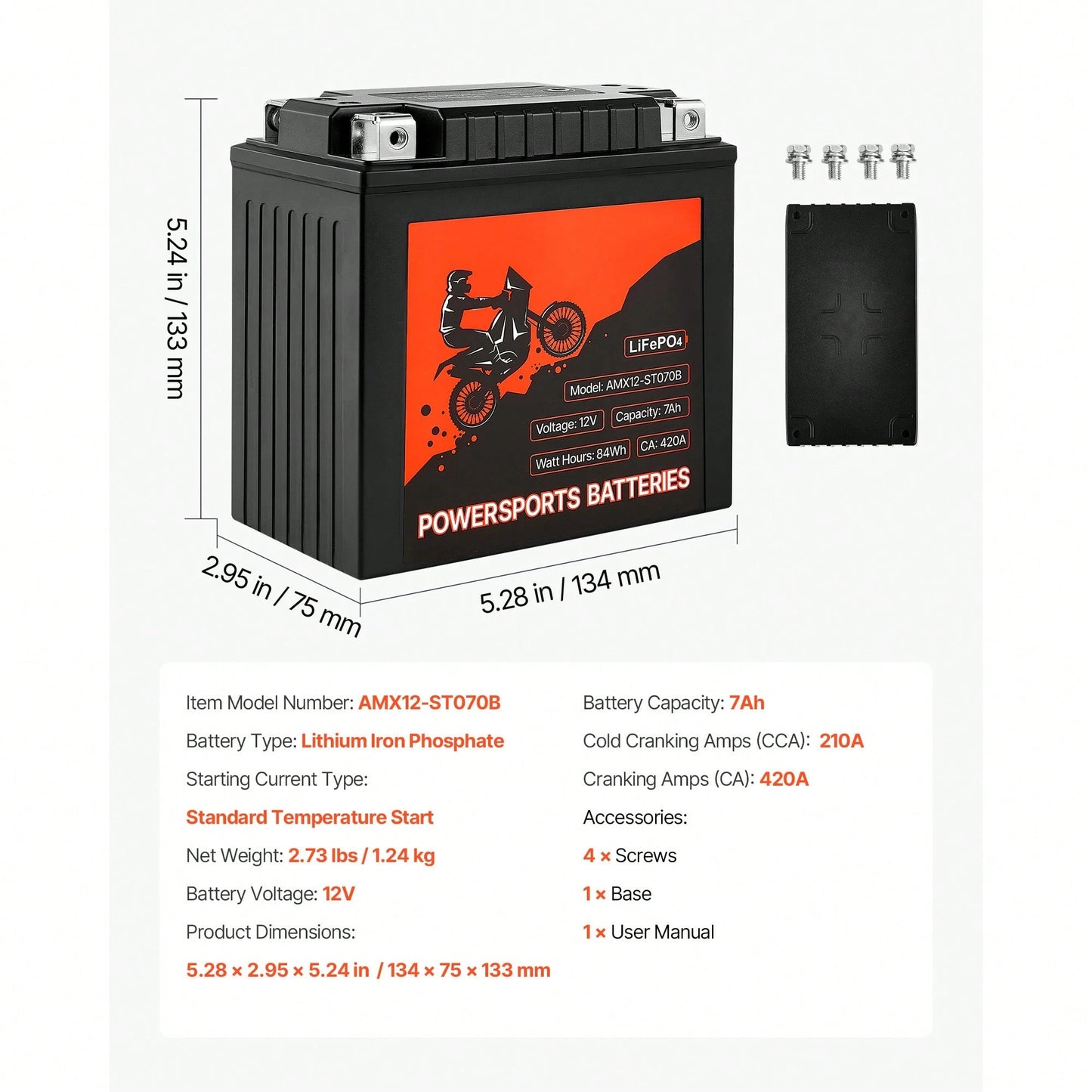 Motorcycle Battery, 12 Volt 7Ah, LiFePO4 Lithium Pre-Charged Powersports Battery, Maintenance Free & High Performance, Compatible With ATV, Motorcycle, Jet Skis, Scooter, UTV, And More