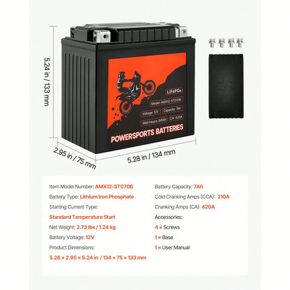 Motorcycle Battery, 12 Volt 7Ah, LiFePO4 Lithium Pre-Charged Powersports Battery, Maintenance Free & High Performance, Compatible With ATV, Motorcycle, Jet Skis, Scooter, UTV, And More