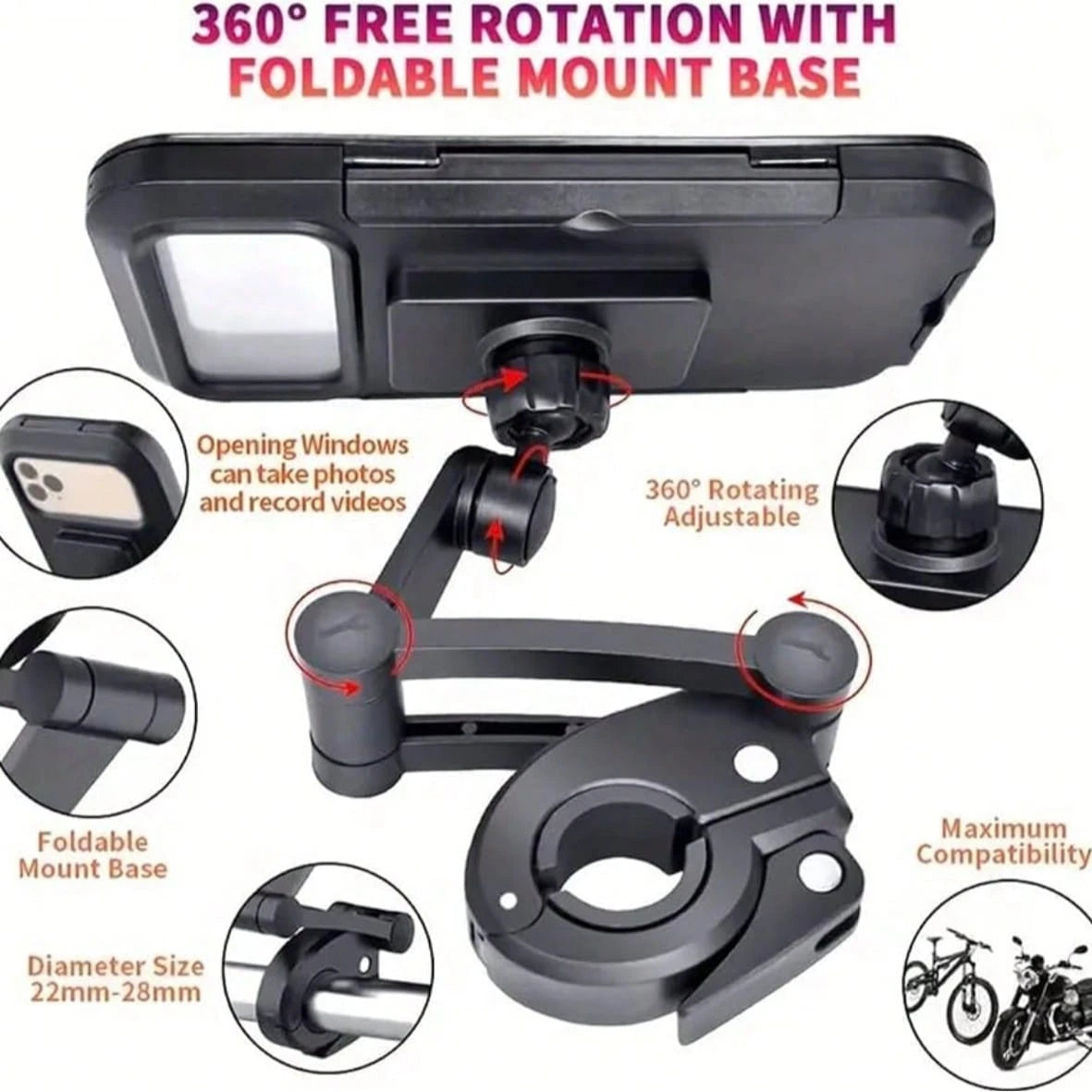 Motorcycle Phone Mount, 360° Rotating Touch-Sensitive Bicycle Phone Holder, Anti-Theft Waterproof Bicycle Smartphone Grip Clamp, Compatible With Motorcycles, Scooters And Other Models