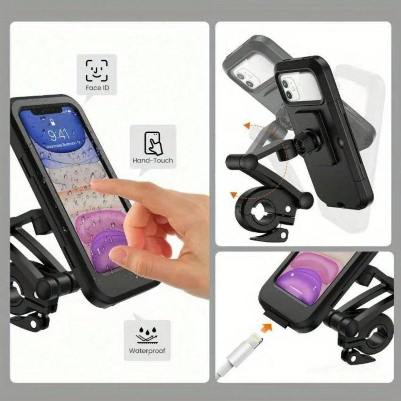 Motorcycle Phone Mount, 360° Rotating Touch-Sensitive Bicycle Phone Holder, Anti-Theft Waterproof Bicycle Smartphone Grip Clamp, Compatible With Motorcycles, Scooters And Other Models