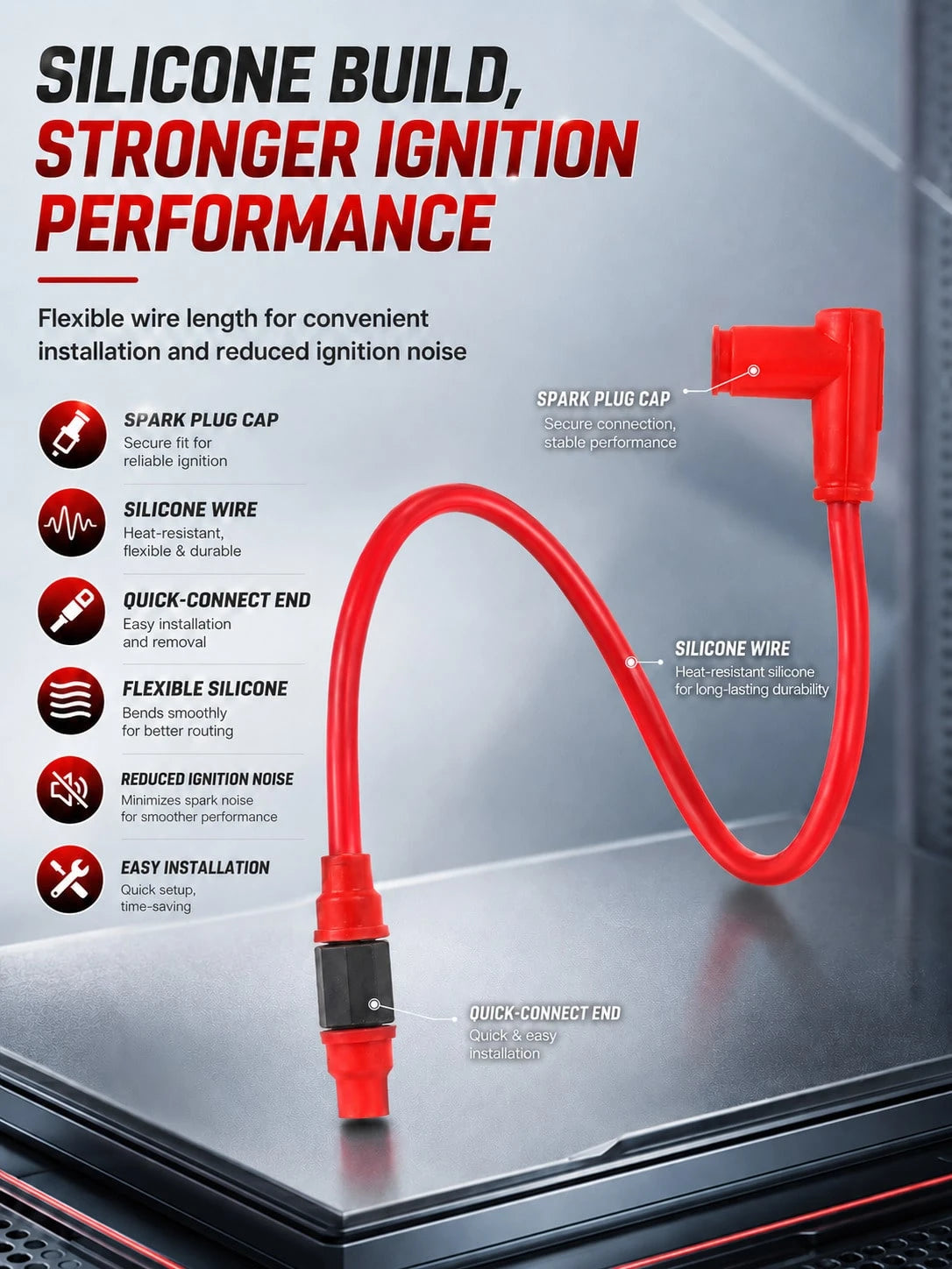 Motorcycle Spark Plug Wire 8.8mm Silicone Ignition Coil Cable With 90 Degree Spark Plug Cap, Quick Connect High Performance Racing Ignition Wire, Universal Replacement For Gy6 50cc 125cc 150cc Scooter