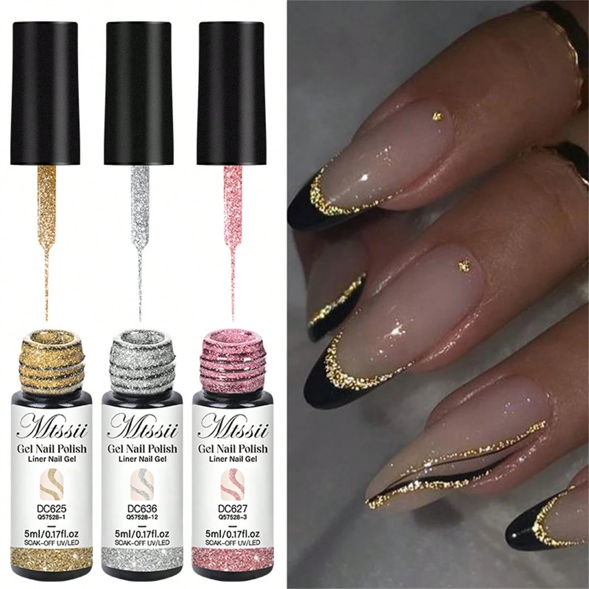 Mtssii 3PCS Reflective Glitter Liner Gel Nail Polish Set Gold Silver Pink Bright Sparkling Paint Spider Liner Gel Semi Permanent Nail UV Gel Superflash Style Pull Line Graffiti Painting Stripe DIY Fre