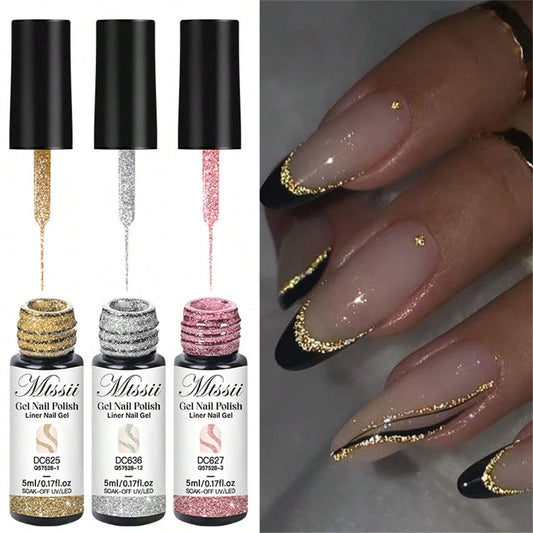 Mtssii 3PCS Reflective Glitter Liner Gel Nail Polish Set Gold Silver Pink Bright Sparkling Paint Spider Liner Gel Semi Permanent Nail UV Gel Superflash Style Pull Line Graffiti Painting Stripe DIY Fre
