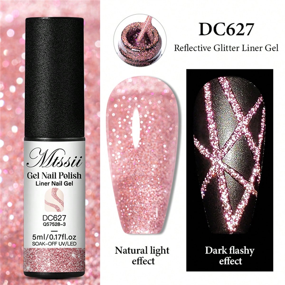 Mtssii 3PCS Reflective Glitter Liner Gel Nail Polish Set Gold Silver Pink Bright Sparkling Paint Spider Liner Gel Semi Permanent Nail UV Gel Superflash Style Pull Line Graffiti Painting Stripe DIY Fre