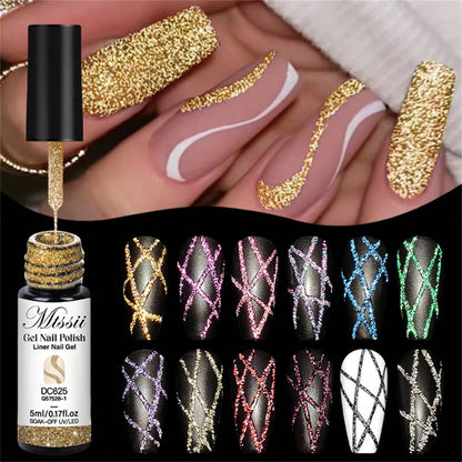 Mtssii 3PCS Reflective Glitter Liner Gel Nail Polish Set Gold Silver Pink Bright Sparkling Paint Spider Liner Gel Semi Permanent Nail UV Gel Superflash Style Pull Line Graffiti Painting Stripe DIY Fre