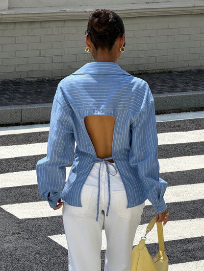 Muchica Blue White Striped Open Back Tie Long Sleeve Shirt Casual Summer Fall Winter Vacation Top Basic Chic Button Down Blouse Going Out Workwear For Women