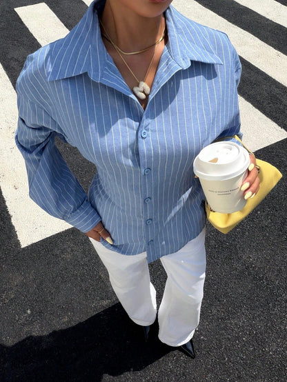 Muchica Blue White Striped Open Back Tie Long Sleeve Shirt Casual Summer Fall Winter Vacation Top Basic Chic Button Down Blouse Going Out Workwear For Women
