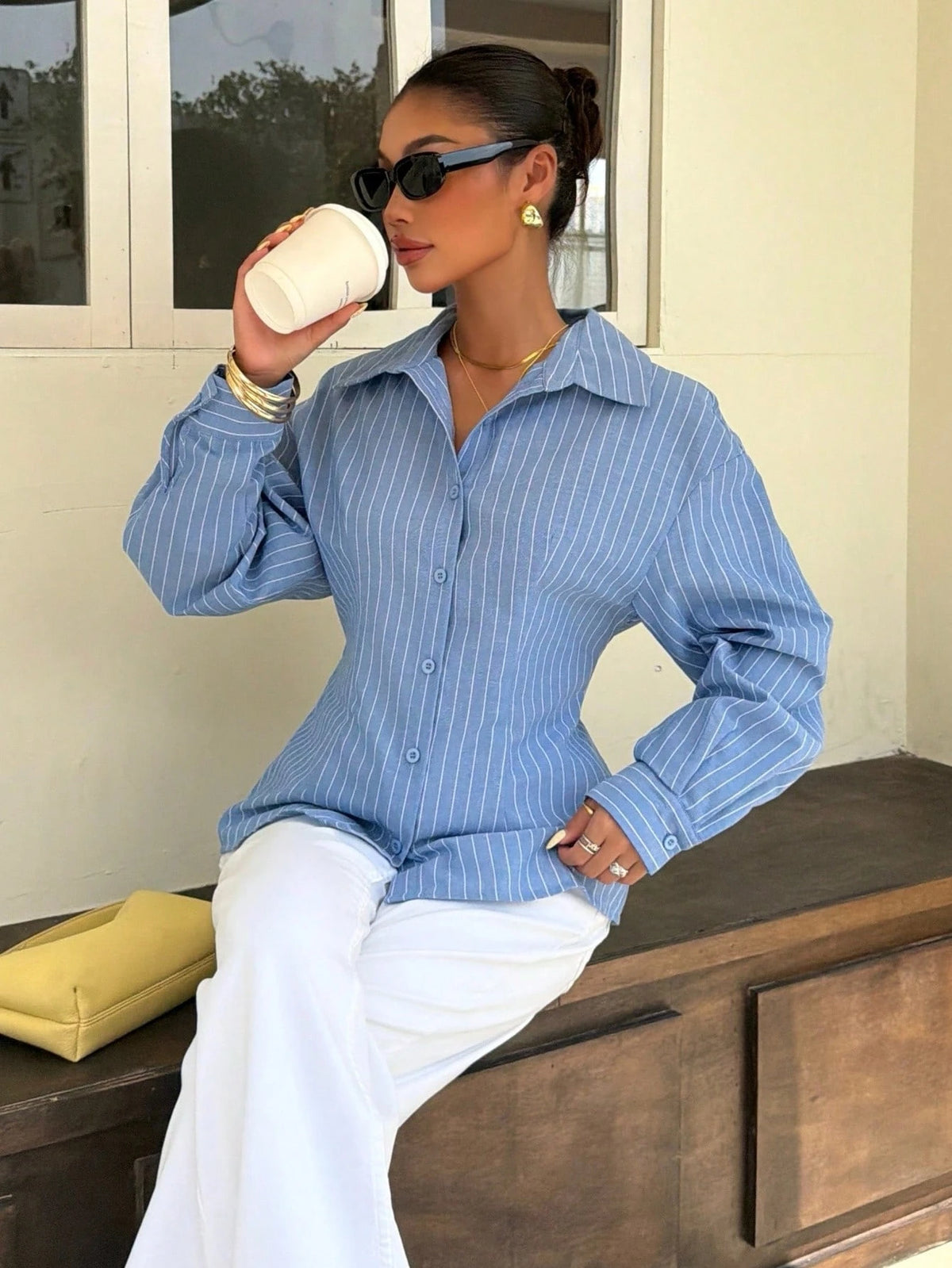 Muchica Blue White Striped Open Back Tie Long Sleeve Shirt Casual Summer Fall Winter Vacation Top Basic Chic Button Down Blouse Going Out Workwear For Women