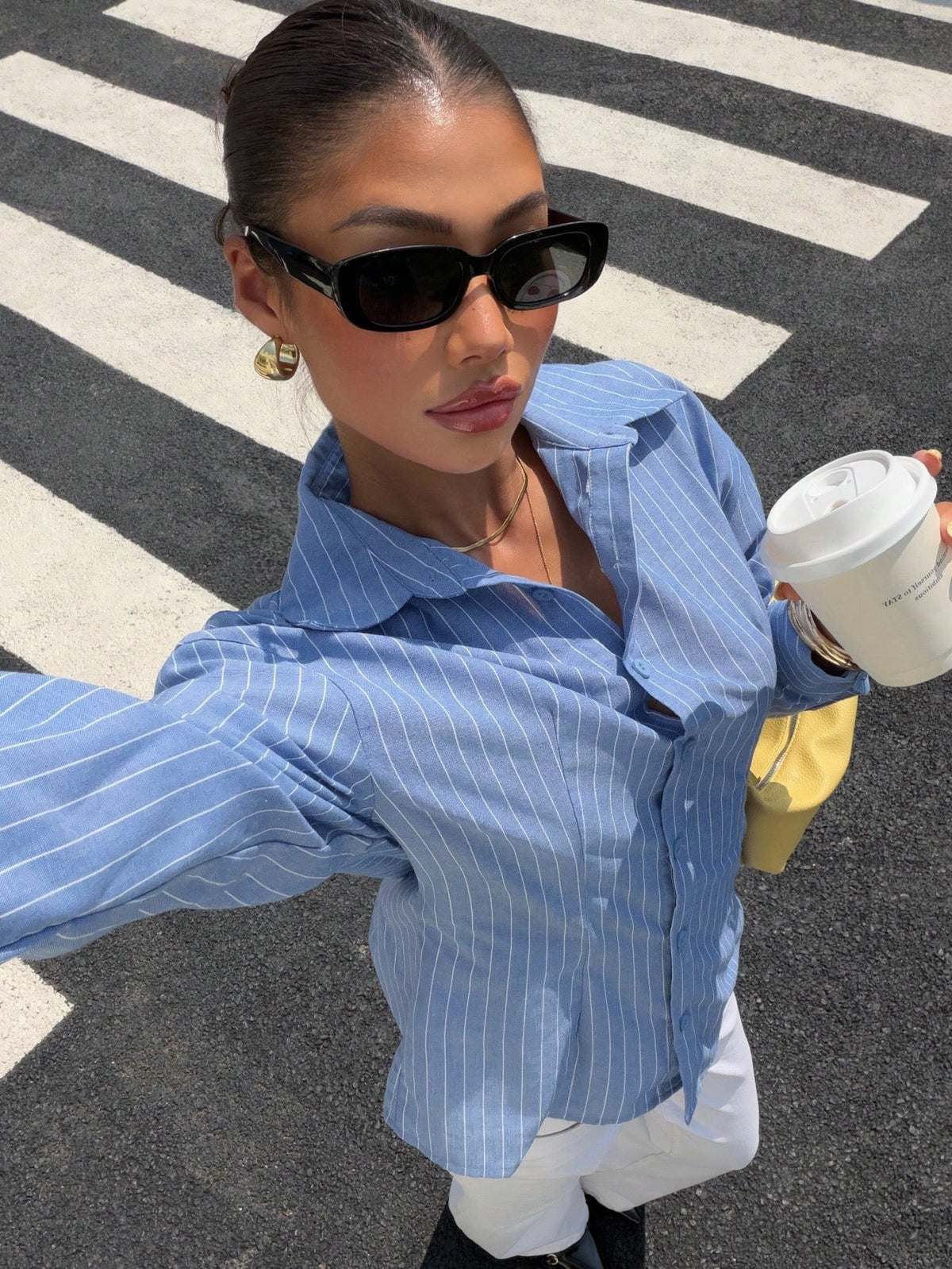 Muchica Blue White Striped Open Back Tie Long Sleeve Shirt Casual Summer Fall Winter Vacation Top Basic Chic Button Down Blouse Going Out Workwear For Women