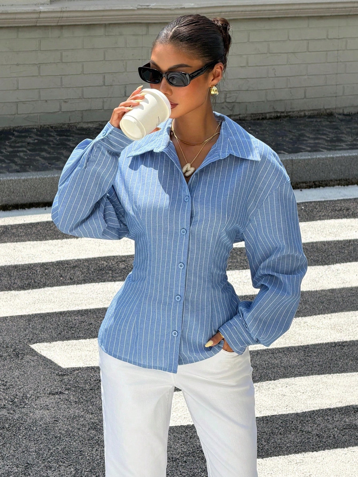 Muchica Blue White Striped Open Back Tie Long Sleeve Shirt Casual Summer Fall Winter Vacation Top Basic Chic Button Down Blouse Going Out Workwear For Women
