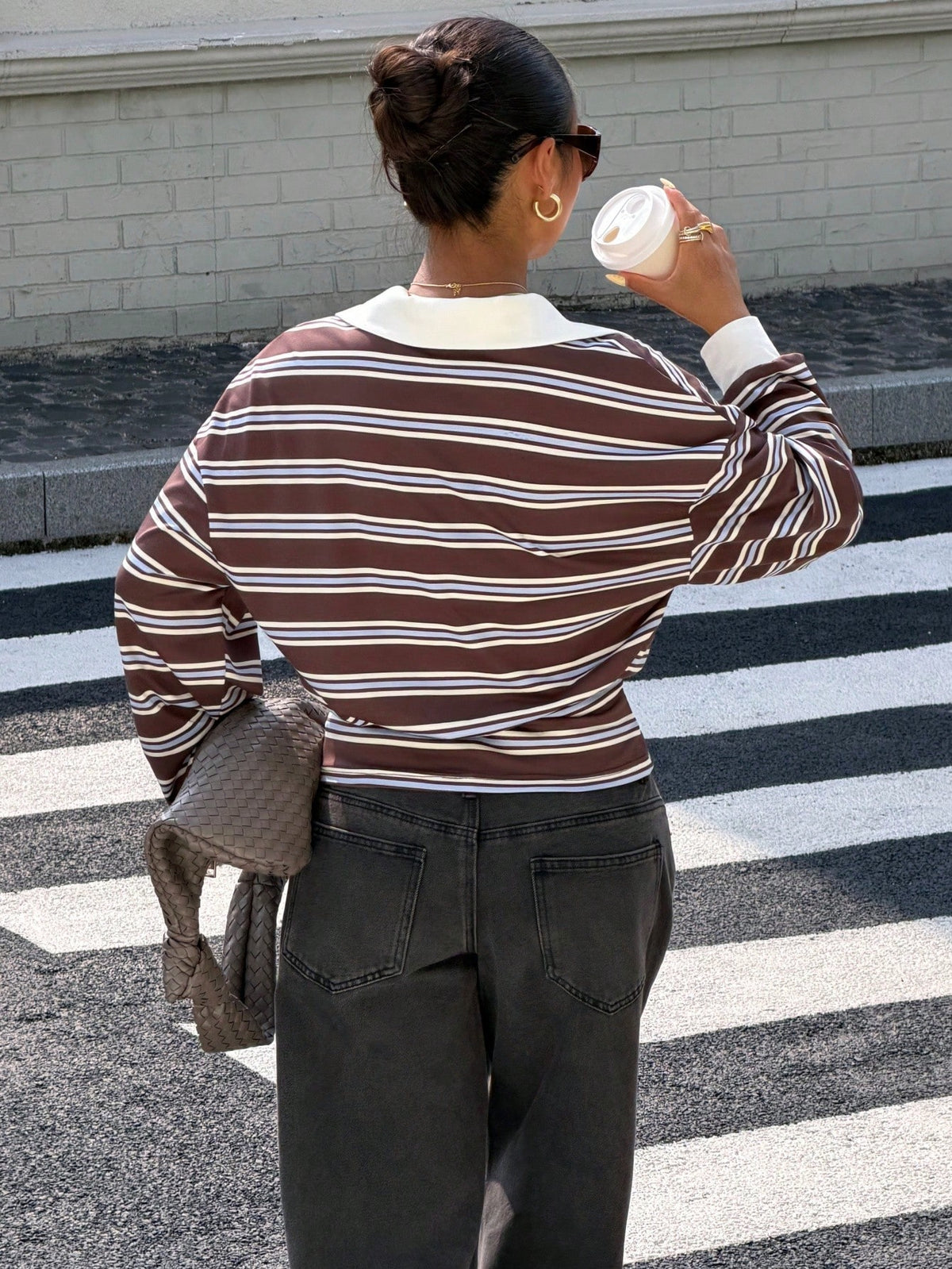 Muchica Coffee Blue Beige Stripe Polo Collar Long Sleeve T-Shirt Casual Winter Vacation Sports Basic Top Y2K Streetwear Going Out & Lounge Outfit For Women