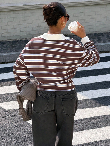 Muchica Coffee Blue Beige Stripe Polo Collar Long Sleeve T-Shirt Casual Winter Vacation Sports Basic Top Y2K Streetwear Going Out & Lounge Outfit For Women